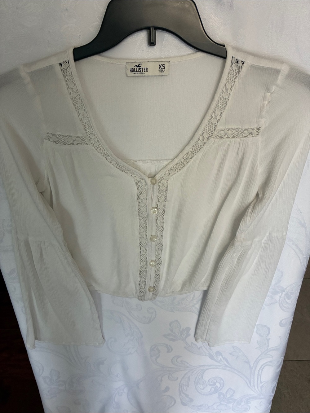 Hollister Cream Lace Trim Button-Front Blouse